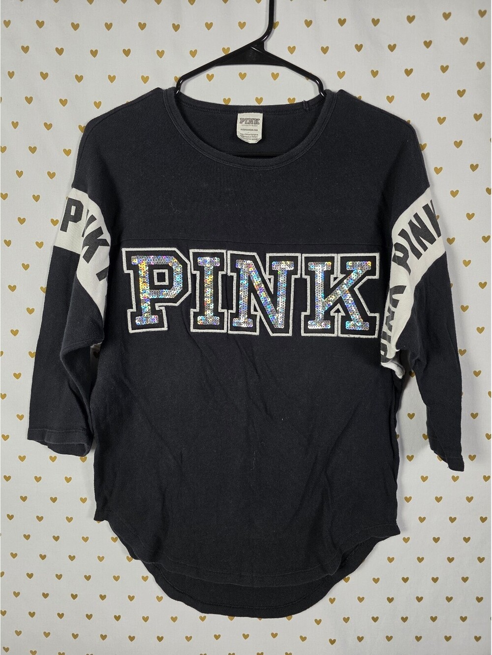 Victorias Secret PINK BLING Quarter Sleeve Logo Tee shirt Silver Sequined XS